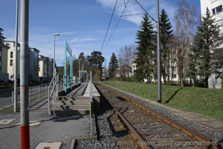 An end-on view of the Rosengärtchen stop on the single track section