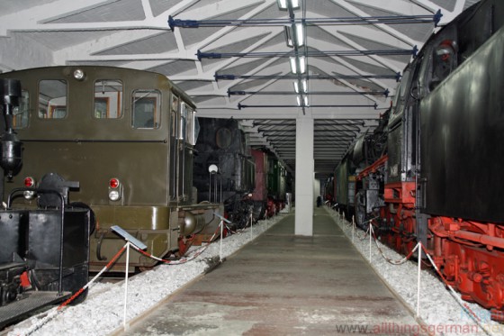 Rows of locomotives in the Railway and Technical Museum on Rügen