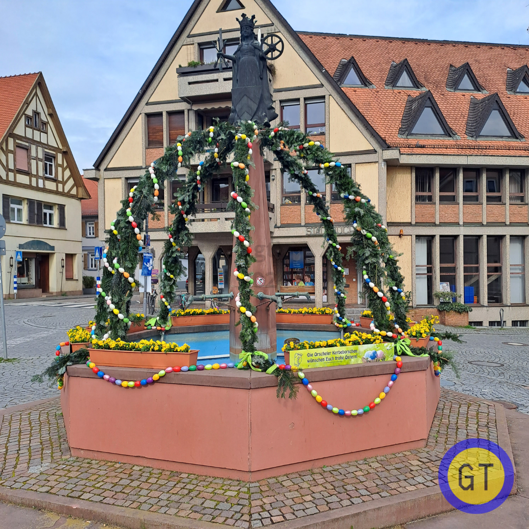 A group called the "Kerbeborschen" have decorated the fountain in Oberursel's market square for Easter.