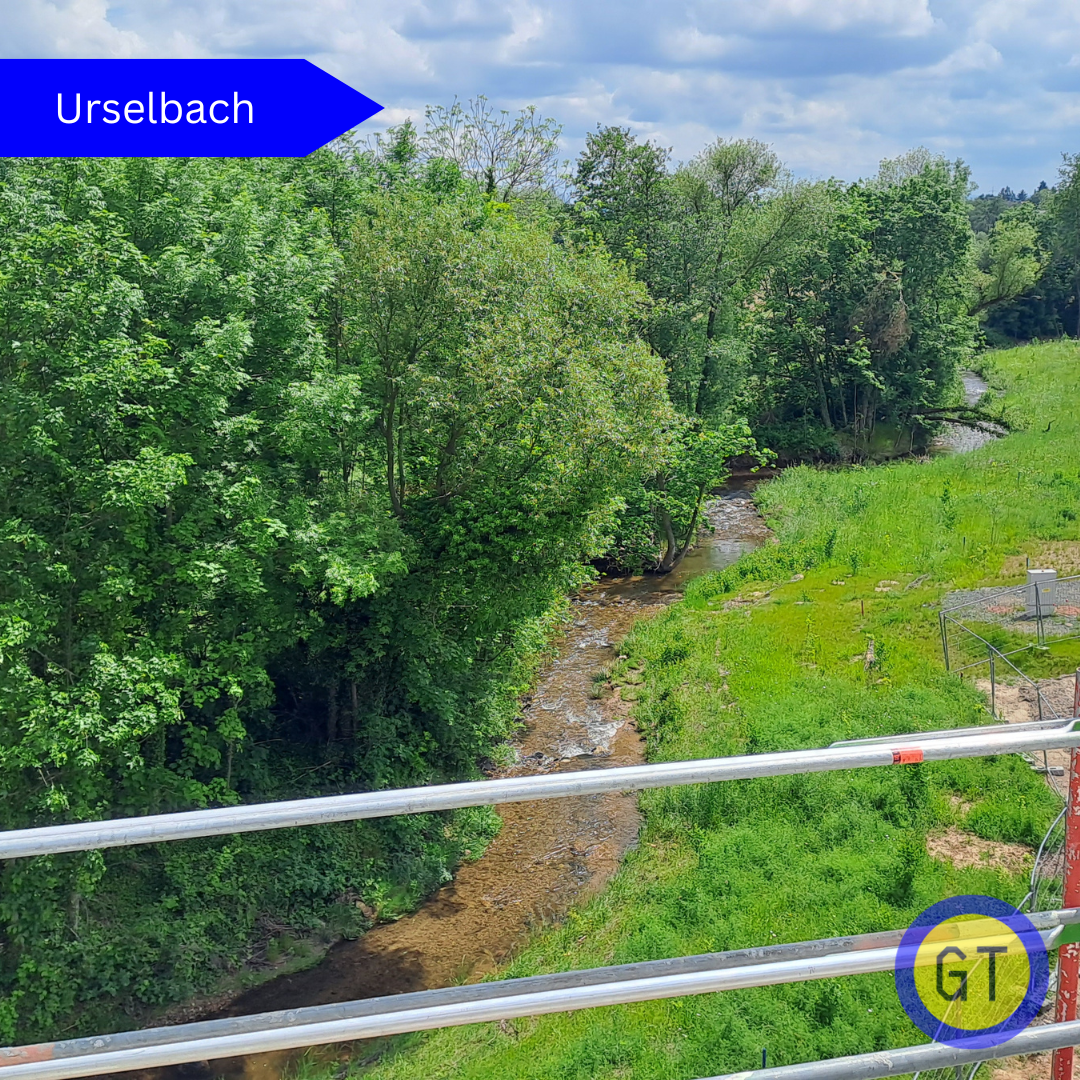 The view of the Urselbach as it flows through Stierstadt (Oberursel), taken from the roof of the new Ketteler-La Roche-Schule where the topping out ceremony took place yesterday.