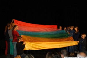 A rainbox on stage at the opening of the new buildings