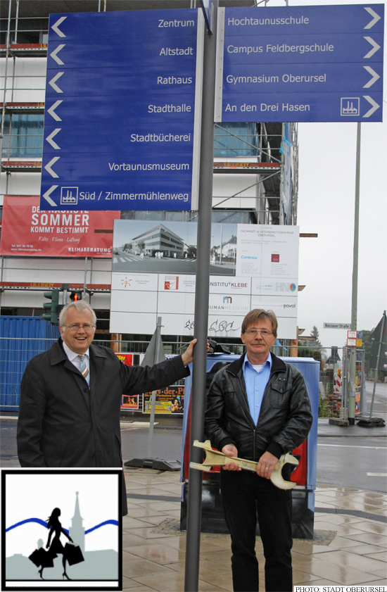 Hans-Georg Brum and Wolfgang Bräutigam with one of the new signs, inset: the Shopping Lady (Photo: Stadt Oberursel)