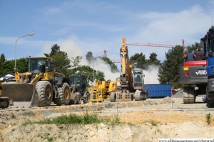 A dust cloud hangs in the air after the explosion