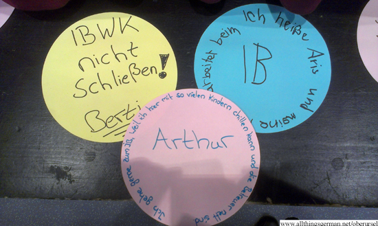 Some of the cards that the children had placed on the stage Some of the cards that the children had placed on the stage