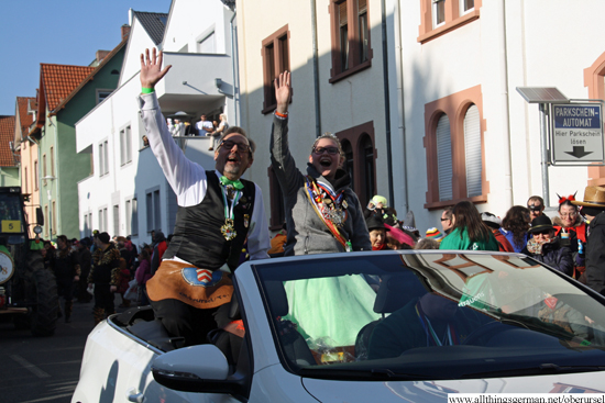 Fountain Queen Carolyn II. with her Brunnenmeister Harald pass through the Henchenstrasse during the carnival procession on Sunday, 15th February, 2015