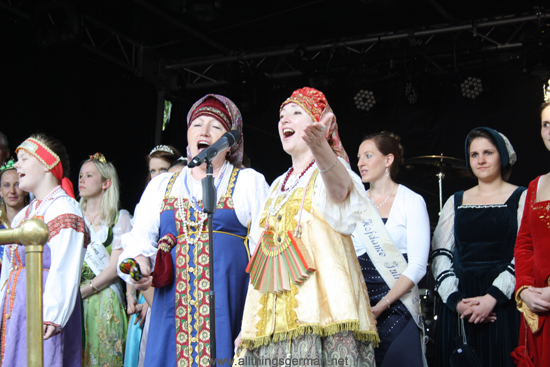 Guests from the Twin Town of Lomonossow in Russia dance on stage at the opening of the Brunnenfest (Fountain Festival) in Oberursel